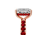 Rose gold Emerald Cut Diamond Pave Band Solitaire Ring with Round with Ruby side stone and Prong Setting_17