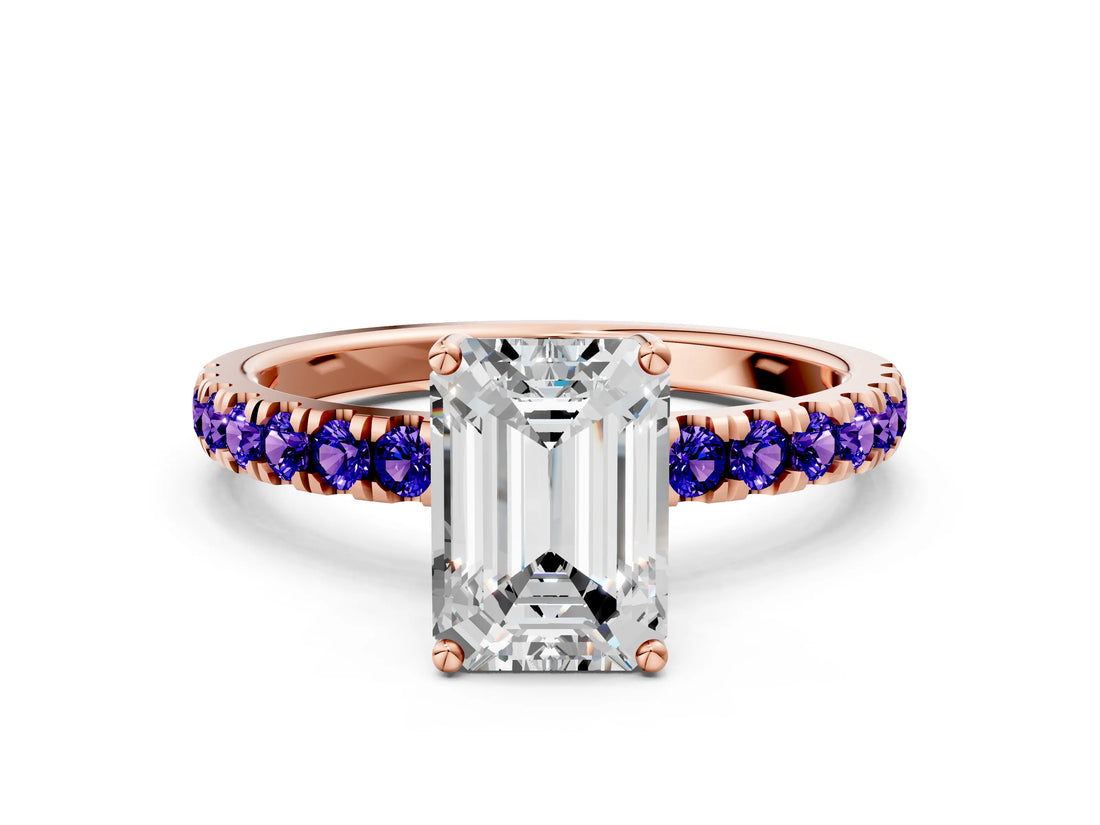 Rose gold Emerald Cut Diamond Pave Band Solitaire Ring with Round with Tanzanite side stone and Prong Setting