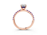 Rose gold Emerald Cut Diamond Pave Band Solitaire Ring with Round with Tanzanite side stone and Prong Setting_3