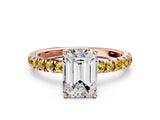 Rose gold Emerald Cut Diamond Pave Band Solitaire Ring with Round with Yellow Sapphire side stone and Prong Setting_12