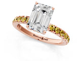 Rose gold Emerald Cut Diamond Pave Band Solitaire Ring with Round with Yellow Sapphire side stone and Prong Setting_13