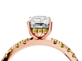 Rose gold Emerald Cut Diamond Pave Band Solitaire Ring with Round with Yellow Sapphire side stone and Prong Setting_16