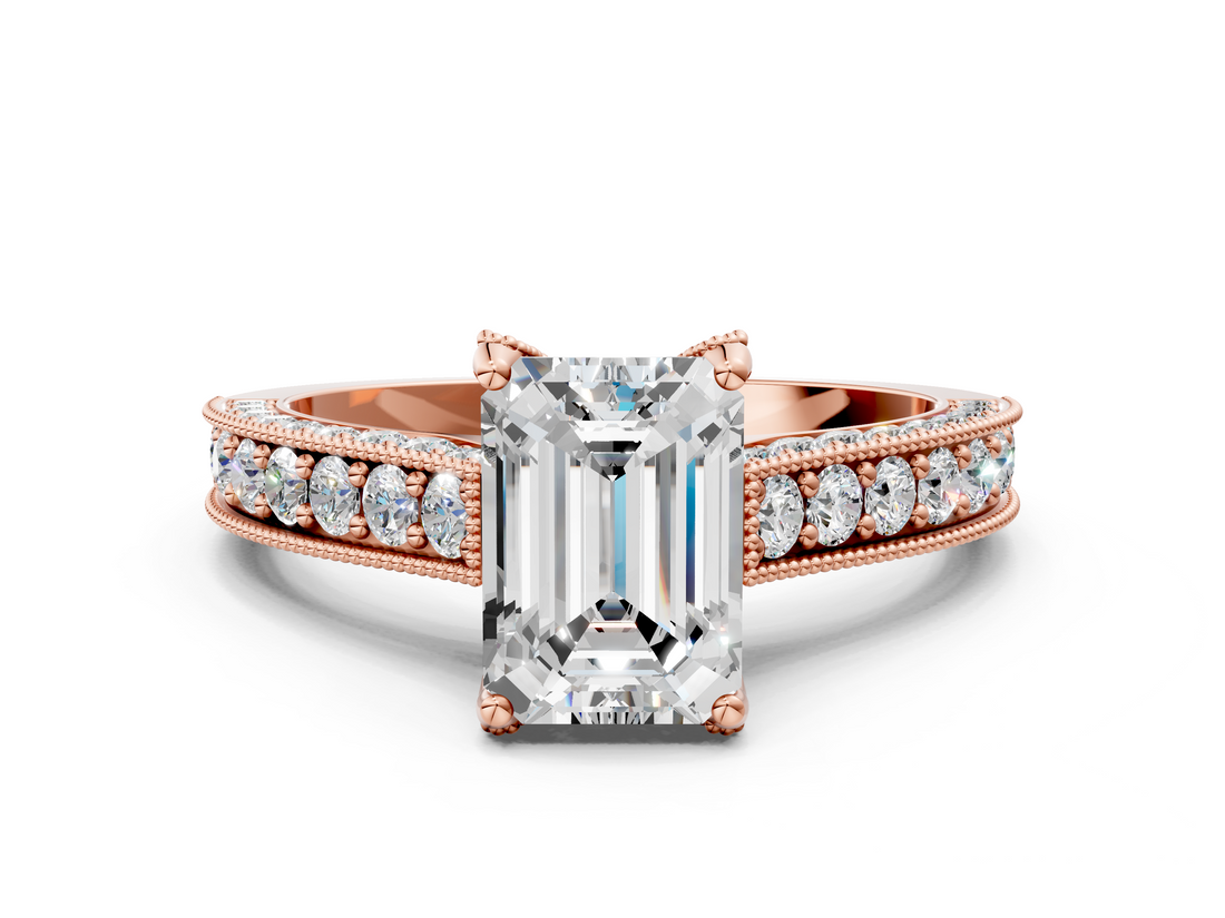 Rose gold Emerald Cut Diamond Pave Band with Four-Prong Setting_20