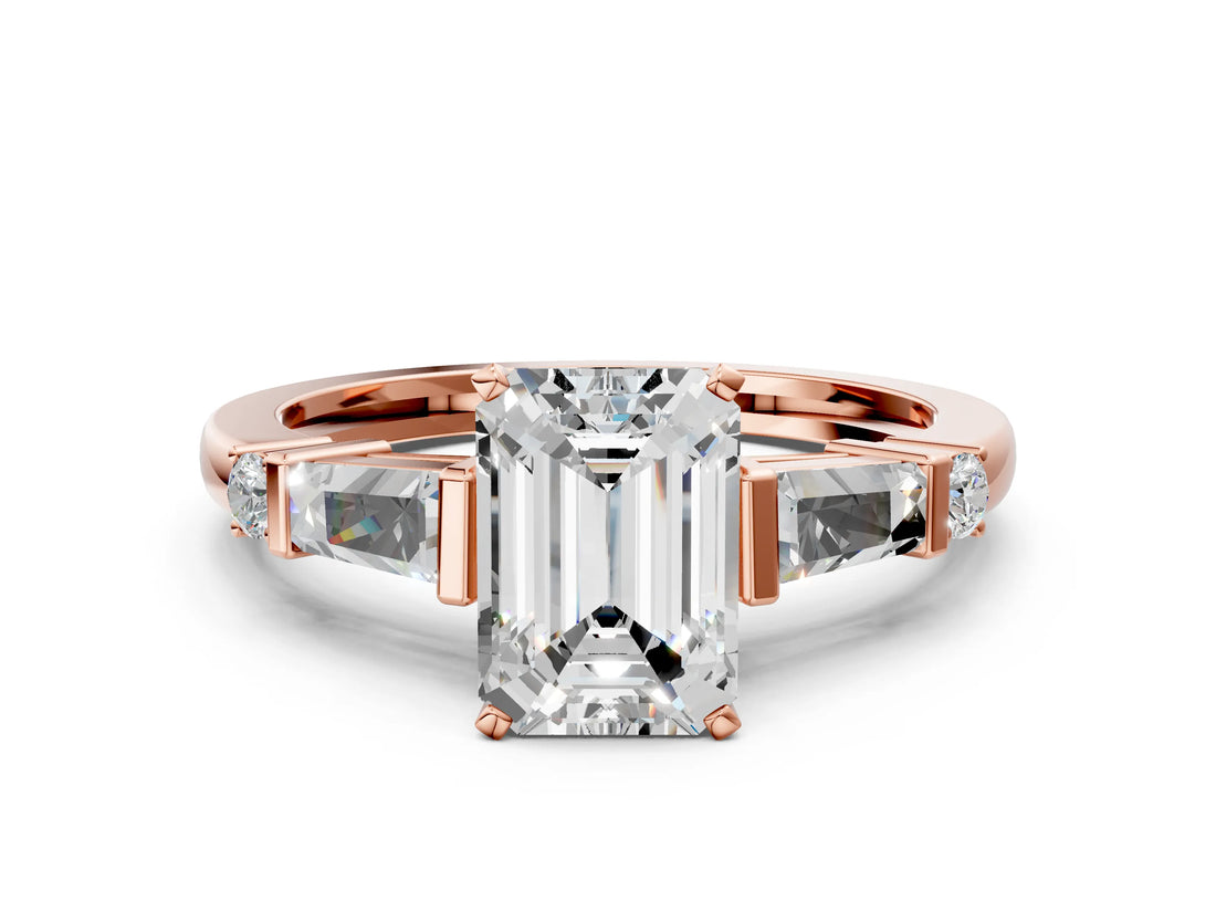 Rose gold Emerald Cut Diamond Ring with Baguette Side Stones, Channel Set Band, and Four-Prong Setting_25