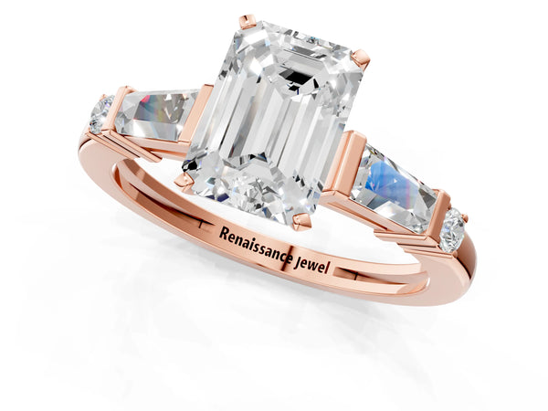 Rose Gold Emerald Cut Three Stone Engagement Ring Setting with Bar Set Tapered Baguettes