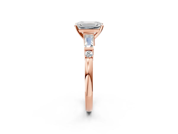 Rose Gold Emerald Cut Three Stone Engagement Ring Setting with Bar Set Tapered Baguettes