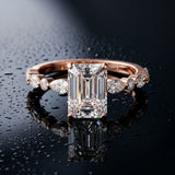 Rose gold Emerald Cut Diamond Ring with Marquise and Round  Side Stones and Four-Prong Setting_101