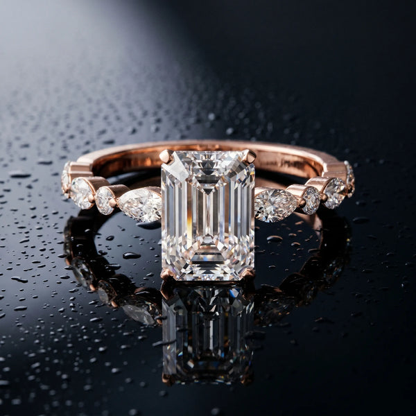 Rose Gold Emerald Cut Engagement Ring Setting with Marquise and Round Side Accents