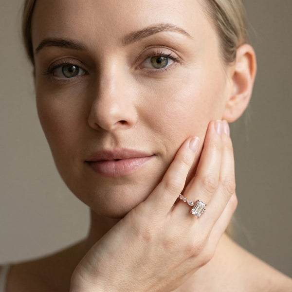 Rose Gold Emerald Cut Engagement Ring Setting with Marquise and Round Side Accents