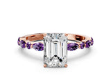 Rose gold Emerald Cut Diamond Ring with Marquise and Round with Amethyst side stone Side Stones and Four-Prong Setting_24