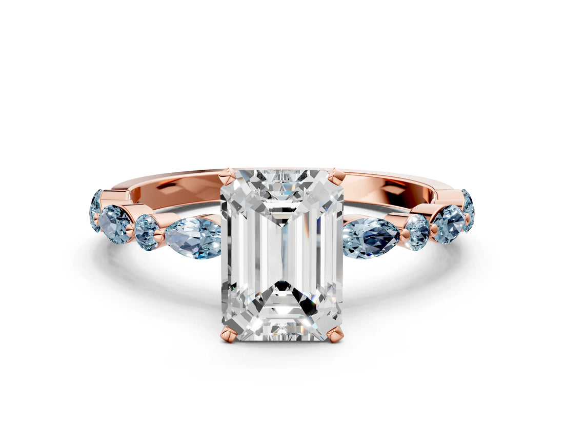 Rose gold Emerald Cut Diamond Ring with Marquise and Round with Aquamarine side stone Side Stones and Four-Prong Setting_12