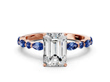 Rose gold Emerald Cut Diamond Ring with Marquise and Round with Blue Sapphire side stone Side Stones and Four-Prong Setting_48