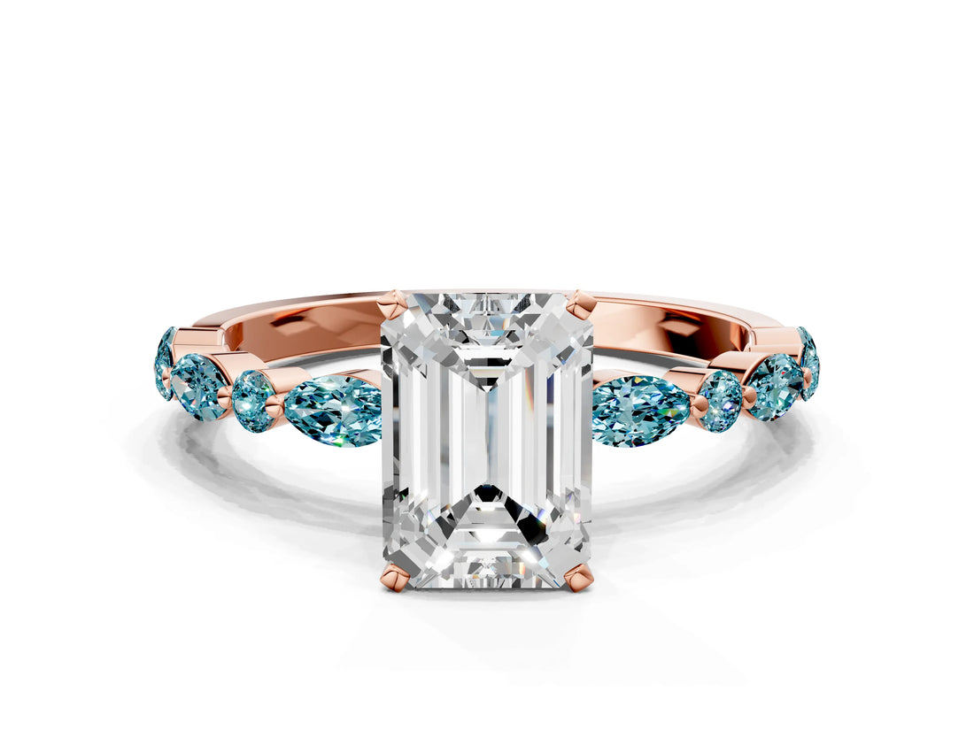 Rose gold Emerald Cut Diamond Ring with Marquise and Round with Blue Topaz side stone Side Stones and Four-Prong Setting_24