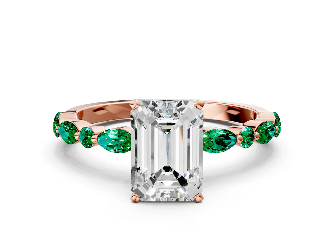 Rose gold Emerald Cut Diamond Ring with Marquise and Round with Emerald side stone Side Stones and Four-Prong Setting_36