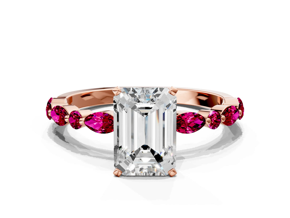 Rose gold Emerald Cut Diamond Ring with Marquise and Round with Garnet side stone Side Stones and Four-Prong Setting_24