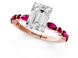 Rose gold Emerald Cut Diamond Ring with Marquise and Round with Garnet side stone Side Stones and Four-Prong Setting_25
