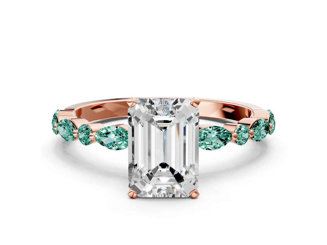 Rose gold Emerald Cut Diamond Ring with Marquise and Round with Green Sapphire side stone Side Stones and Four-Prong Setting_12
