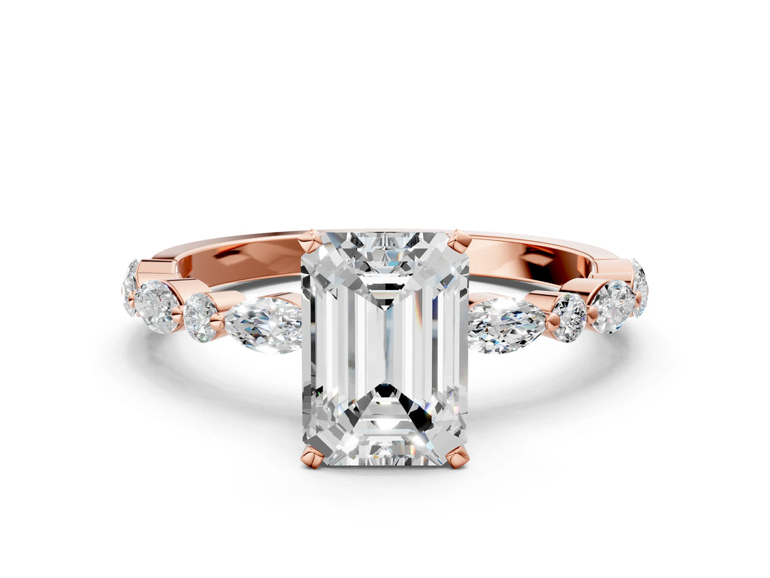 Rose gold Emerald Cut Diamond Ring with Marquise and Round with Moissanite side stone Side Stones and Four-Prong Setting_48