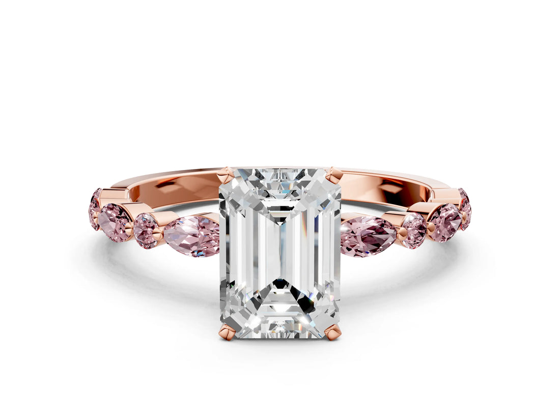 Rose gold Emerald Cut Diamond Ring with Marquise and Round with Morganite side stone Side Stones and Four-Prong Setting_24