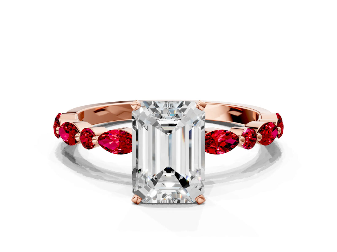 Rose gold Emerald Cut Diamond Ring with Marquise and Round with Ruby side stone Side Stones and Four-Prong Setting_36