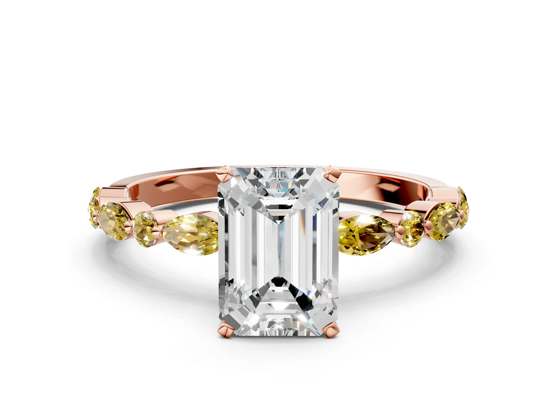 Rose gold Emerald Cut Diamond Ring with Marquise and Round with Yellow Sapphire side stone Side Stones and Four-Prong Setting_24