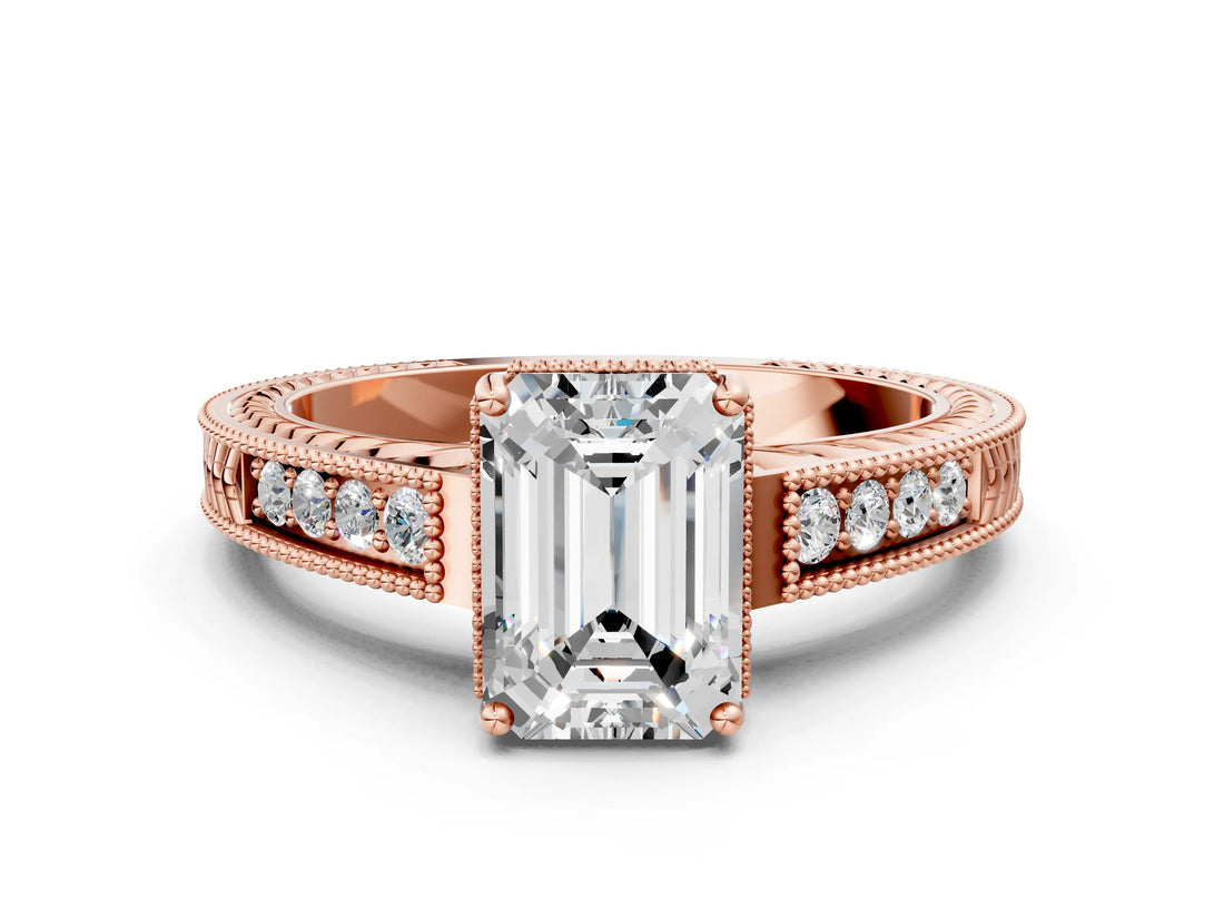 Rose gold Emerald Cut Diamond Ring with Milgrain Pavé Band and Four-Prong Setting_24