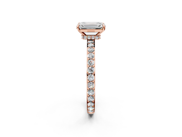 10K Rose Gold 2.03 Carat E VS1 Emerald Diamond Ring with Pavé Band and Four-Prong Setting