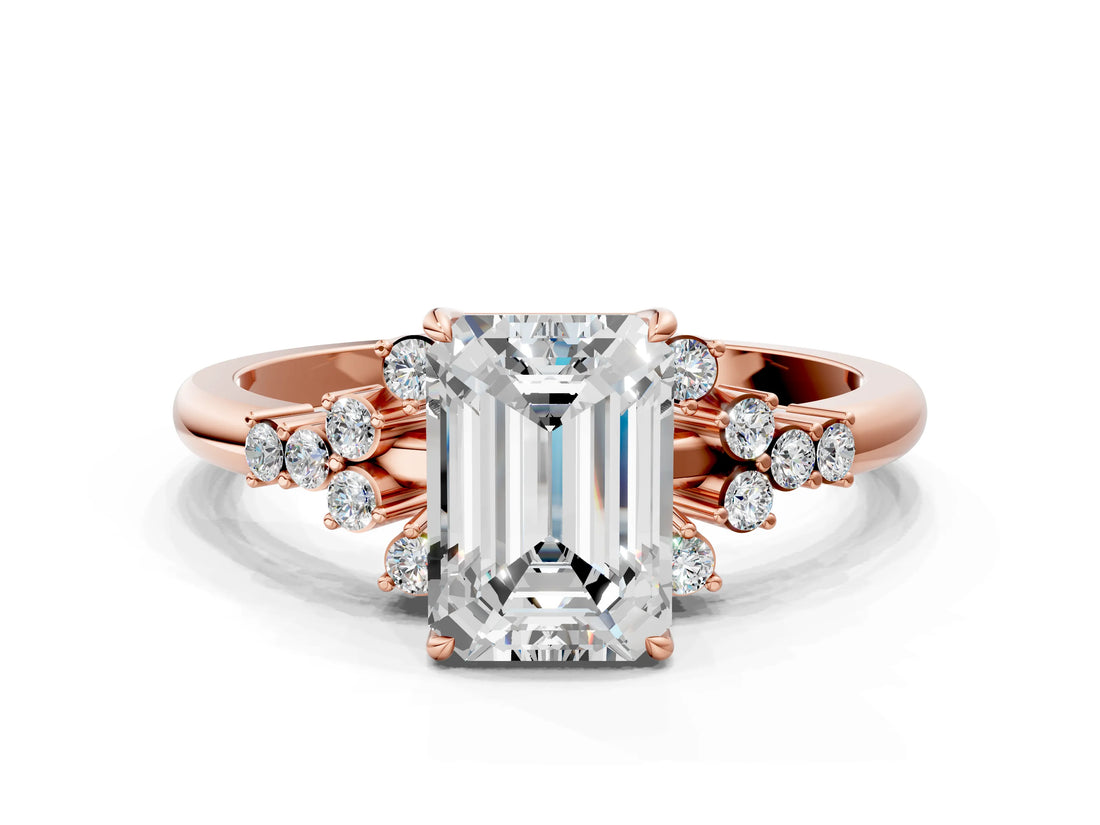 Rose gold Emerald Cut Diamond Ring with Side Stones and Four-Prong Setting_116