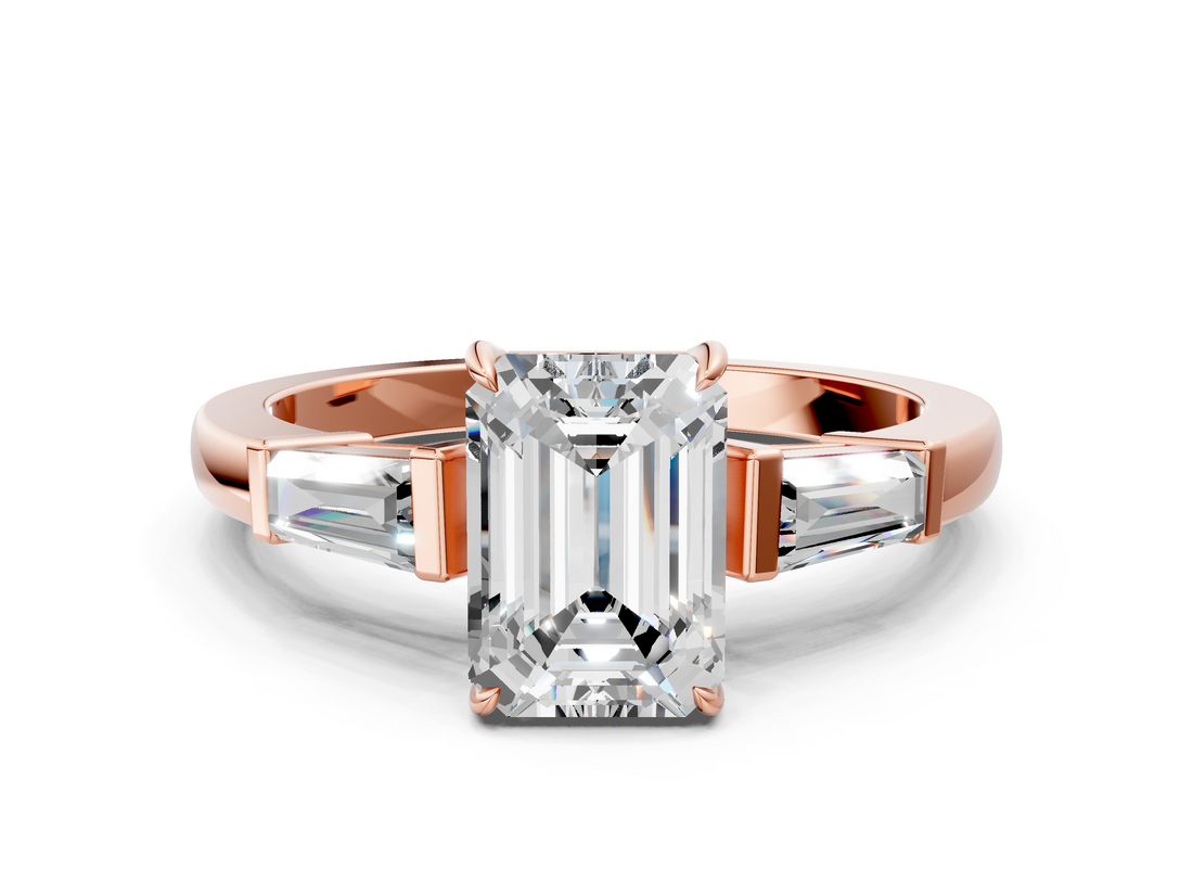 Rose gold Emerald Cut Diamond Ring with Tapered Baguette Side Stones in Four-Prong Setting_16