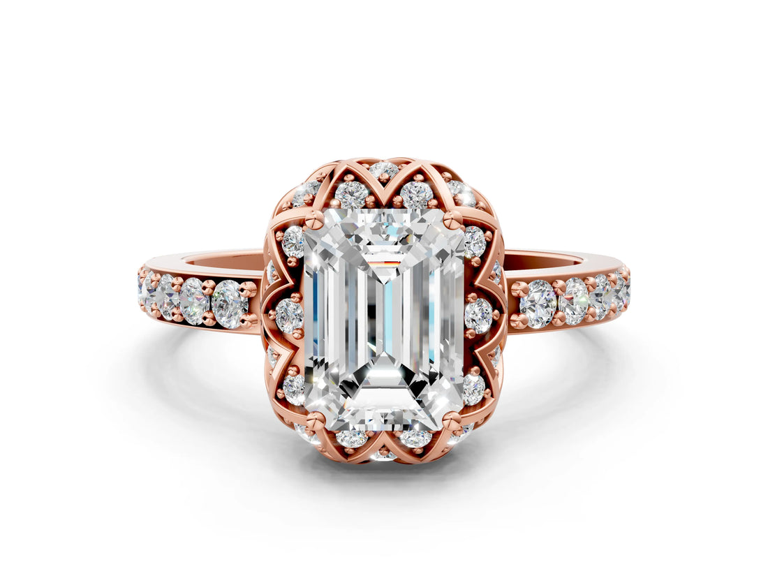 Rose gold Emerald Cut Diamond Scalloped Halo Engagement Ring with Round Shared Prong Band_12