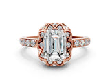 Rose gold Emerald Cut Diamond Scalloped Halo Engagement Ring with Round Shared Prong Band_12