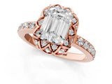 Rose gold Emerald Cut Diamond Scalloped Halo Engagement Ring with Round Shared Prong Band_13