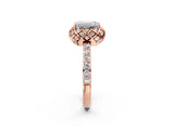 Rose gold Emerald Cut Diamond Scalloped Halo Engagement Ring with Round Shared Prong Band_14