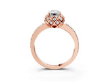 Rose gold Emerald Cut Diamond Scalloped Halo Engagement Ring with Round Shared Prong Band_15