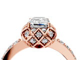 Rose gold Emerald Cut Diamond Scalloped Halo Engagement Ring with Round Shared Prong Band_16