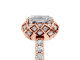 Rose gold Emerald Cut Diamond Scalloped Halo Engagement Ring with Round Shared Prong Band_17