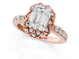 Rose gold Emerald Cut Diamond Scalloped Halo Engagement Ring with Round Shared Prong Band_25