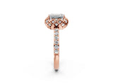 Rose gold Emerald Cut Diamond Scalloped Halo Engagement Ring with Round Shared Prong Band_26