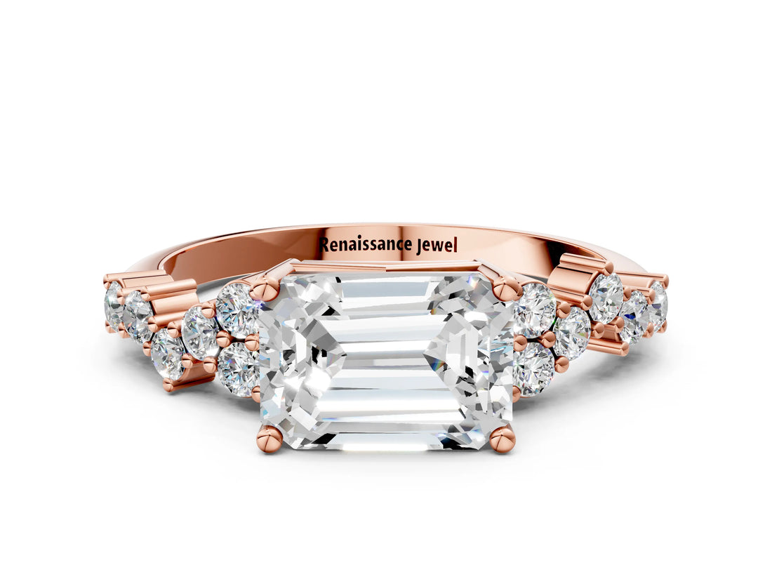 Rose gold Emerald Cut Diamond Scattered Round Accent Ring with Prong Setting_12