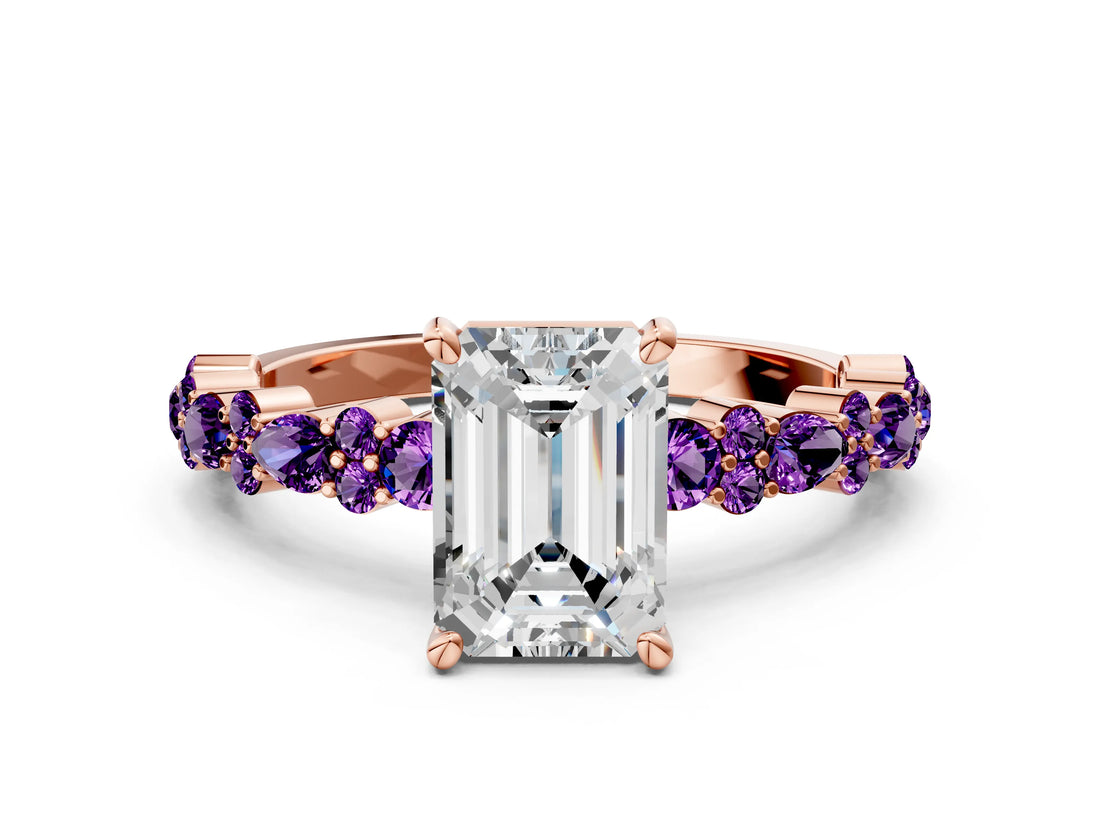 Rose gold Emerald Cut Diamond Side Stone Solitaire Ring with Round with Amethyst side stone and Four-Prong Setting