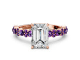 Rose gold Emerald Cut Diamond Side Stone Solitaire Ring with Round with Amethyst side stone and Four-Prong Setting
