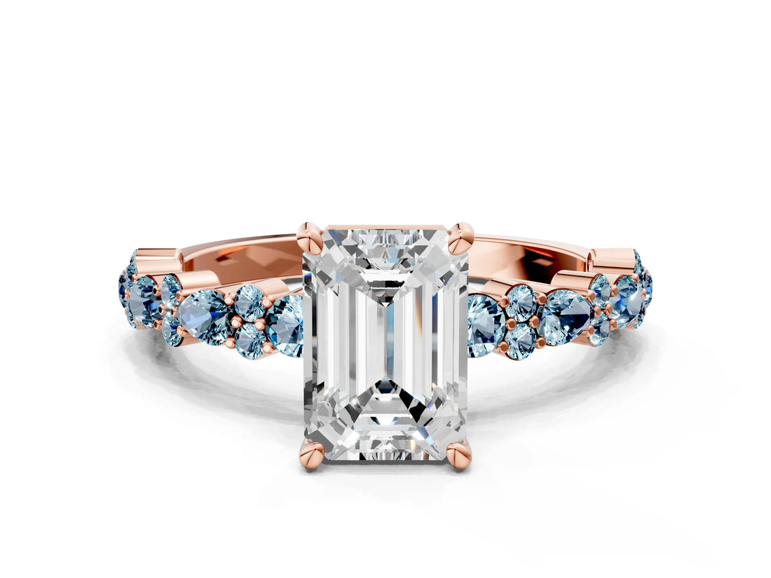 Rose gold Emerald Cut Diamond Side Stone Solitaire Ring with Round with Aquamarine side stone and Four-Prong Setting