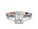 Rose gold Emerald Cut Diamond Side Stone Solitaire Ring with Round with Aquamarine side stone and Four-Prong Setting