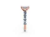 Rose gold Emerald Cut Diamond Side Stone Solitaire Ring with Round with Aquamarine side stone and Four-Prong Setting_2