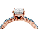 Rose gold Emerald Cut Diamond Side Stone Solitaire Ring with Round with Aquamarine side stone and Four-Prong Setting_4