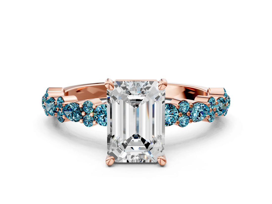 Rose gold Emerald Cut Diamond Side Stone Solitaire Ring with Round with Blue Topaz side stone and Four-Prong Setting