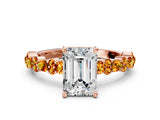 Rose gold Emerald Cut Diamond Side Stone Solitaire Ring with Round with Citrine side stone and Four-Prong Setting