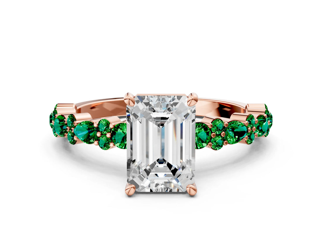 Rose gold Emerald Cut Diamond Side Stone Solitaire Ring with Round with Emerald side stone and Four-Prong Setting