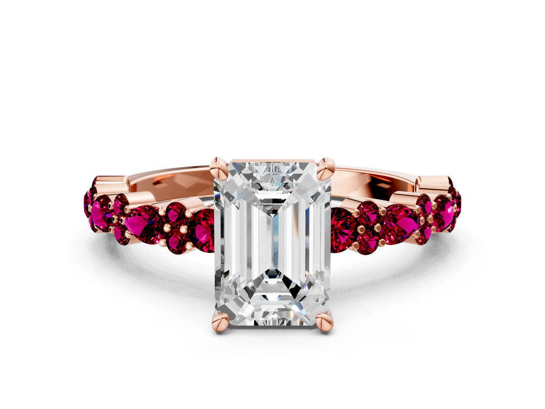 Rose gold Emerald Cut Diamond Side Stone Solitaire Ring with Round with Garnet side stone and Four-Prong Setting