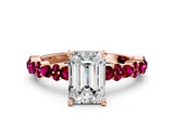 Rose gold Emerald Cut Diamond Side Stone Solitaire Ring with Round with Garnet side stone and Four-Prong Setting